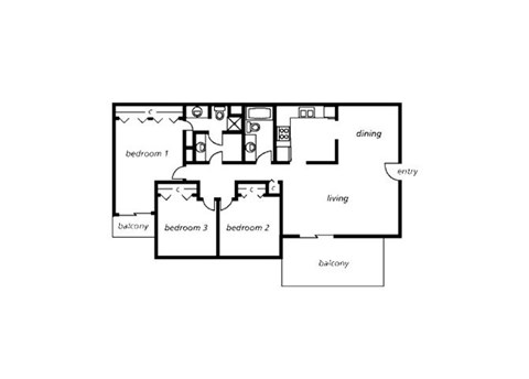Floor plan for 3 beds, 2 baths, 1208 sqft